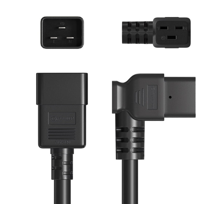 CompuCablePlusUSA.com IEC 60320- C20 to C19 Right-Angled Heavy Duty Extension Jumper Power Cord, 12AWG, Black Color.