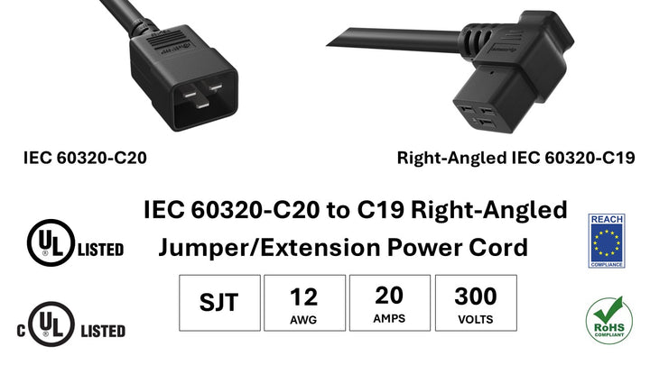 CompuCablePlusUSA.com IEC 60320- C20 to C19 Right-Angled Heavy Duty Extension Jumper Power Cord, SJT, 12AWG, 20A/300V, Black Color.
