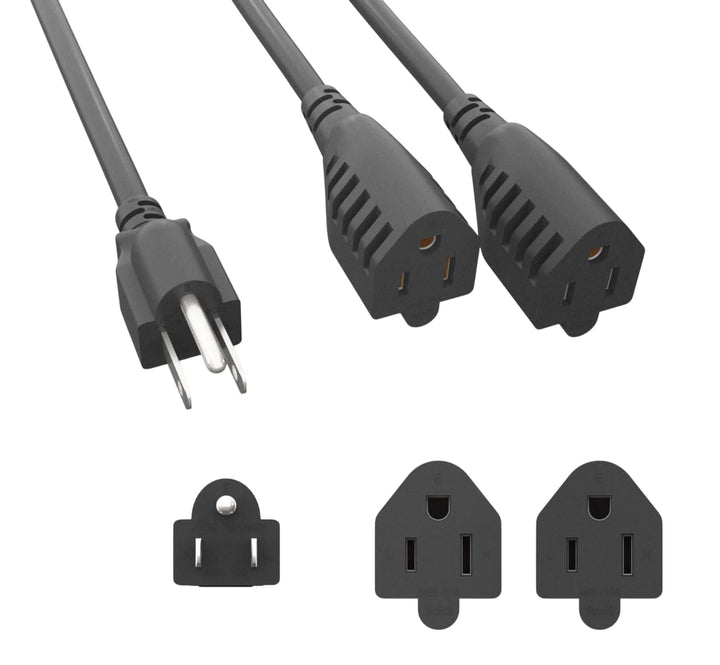 CompuCablePlusUSA.com NEMA 5-15P to NEMA 5-15R x 2 Y-Splitter Power Cord, Black Cord on a white background. 