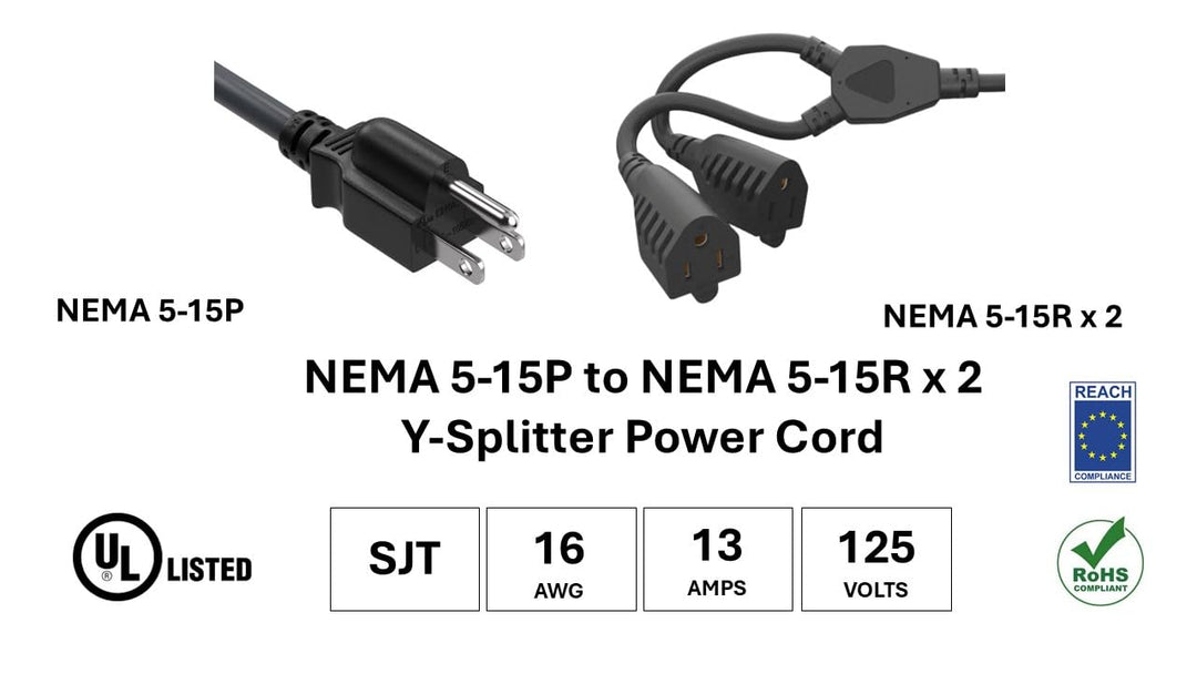CompuCablePlusUSA.com NEMA 5-15P to NEMA 5-15R x 2 Y-Splitter Power Cord, SJT, 16AWG, 13A/125V, Black, UL, REACH, RoHS Certified a white background.