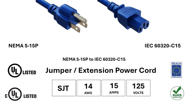 CompuCablePlusUSA NEMA 5-15P to IEC 60320 C15 Heavy-Duty Power Cord Blue Color, SJT, 14AWG, 15A/125V, UL, cUL, REACH, RoHS.