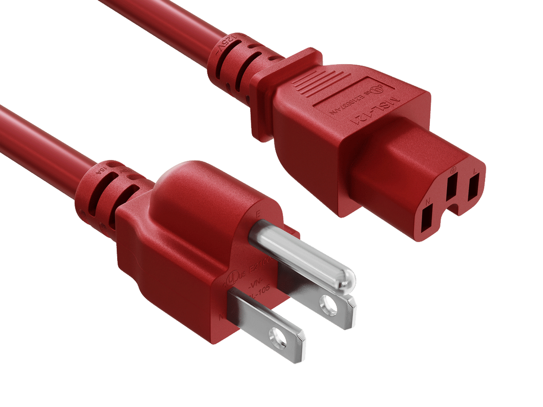 CompuCablePlusUSA NEMA 5-15P to IEC 60320 C15 Heavy-Duty Power Cord Red Color.