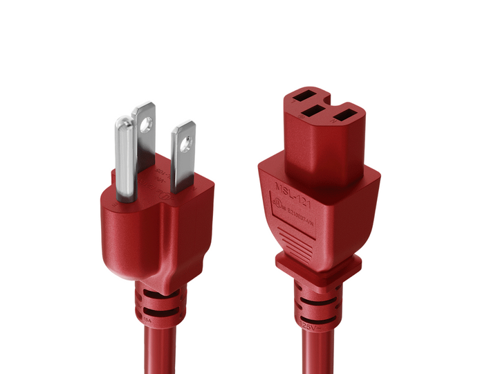 CompuCablePlusUSA NEMA 5-15P to IEC 60320 C15 Heavy-Duty Power Cord Red Color.