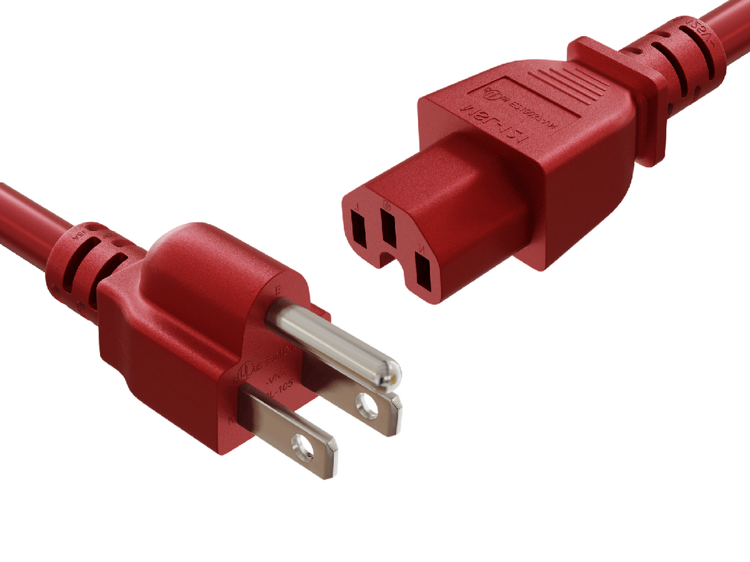 CompuCablePlusUSA NEMA 5-15P to IEC 60320 C15 Heavy-Duty Power Cord Red Color.