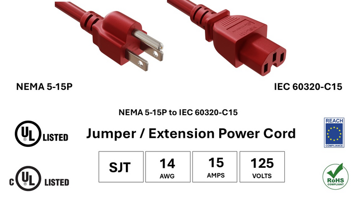 CompuCablePlusUSA NEMA 5-15P to IEC 60320 C15 Heavy-Duty Power Cord Red Color, SJT, 14AWG, 15A/125V, UL, cUL, REACh, RoHS.