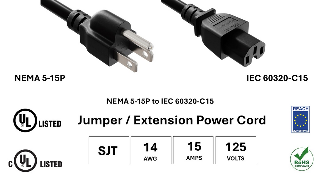 CompuCablePlusUSA NEMA 5-15P to IEC 60320 C15 Heavy-Duty Power Cord Black Color, SJT, 14AWG, 15A/125V, UL, cUL, REACH, RoHS.
