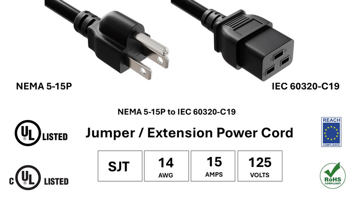 CompuCablePlusUSA NEMA 5-15P to IEC 60320 C19 Heavy Duty Power Cord Black Cord, SJT, 14AWG, 15A/125V, UL, cUL, REACH, RoHS.