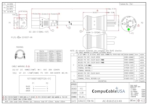 CompuCablePlusUSA NEMA 5-15P to C13 Hospital Grade Power Cord – 16AWG SJT, 13A/125V, UL Certified, Black, 3/6/10/15 FT