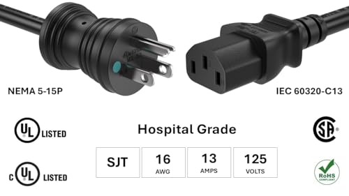 CompuCablePlusUSA NEMA 5-15P to C13 Hospital Grade Power Cord – 16AWG SJT, 13A/125V, UL Certified, Black, 3/6/10/15 FT