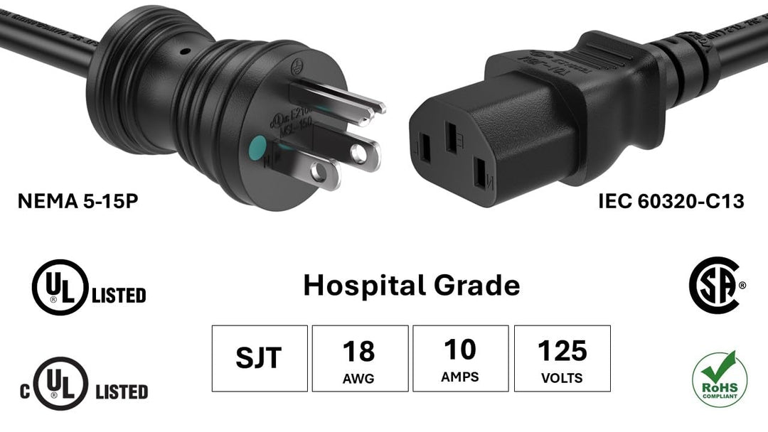 CompuCablePlusUSA NEMA 5-15P to C13 Hospital Grade Power Cord – 18AWG SJT, 10A/125V, UL Certified, Black, 3/6/10/15 FT