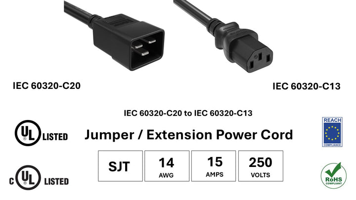 CompuCablePlusUSA IEC 60320 C20 to C13 Extension Jumper Power Cord Black Color, SJT, 14AWG, 15A/250V, UL, cUL, REACH, RoHS.