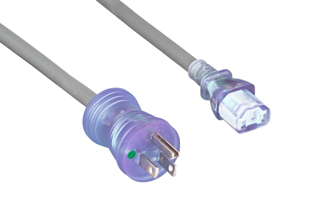Gray electrical cord with purple and blue connectors on a white background