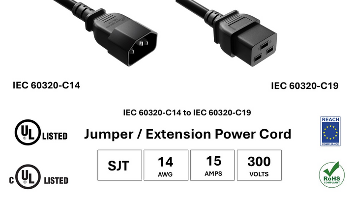CompuCablePlusUSA IEC 60320 C14 to C19 Heavy Duty Data Center Jumper Cord Black Color, SJT, 14AWG, 15A/300V, UL, cUL, REACH, RoHS.