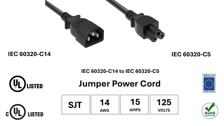 CompuCablePlusUSA IEC 60320 C14 to C5 Jumper Cord Black Color, SJT, 14AWG, 15A/125V, UL, cUL, REACH, RoHS.