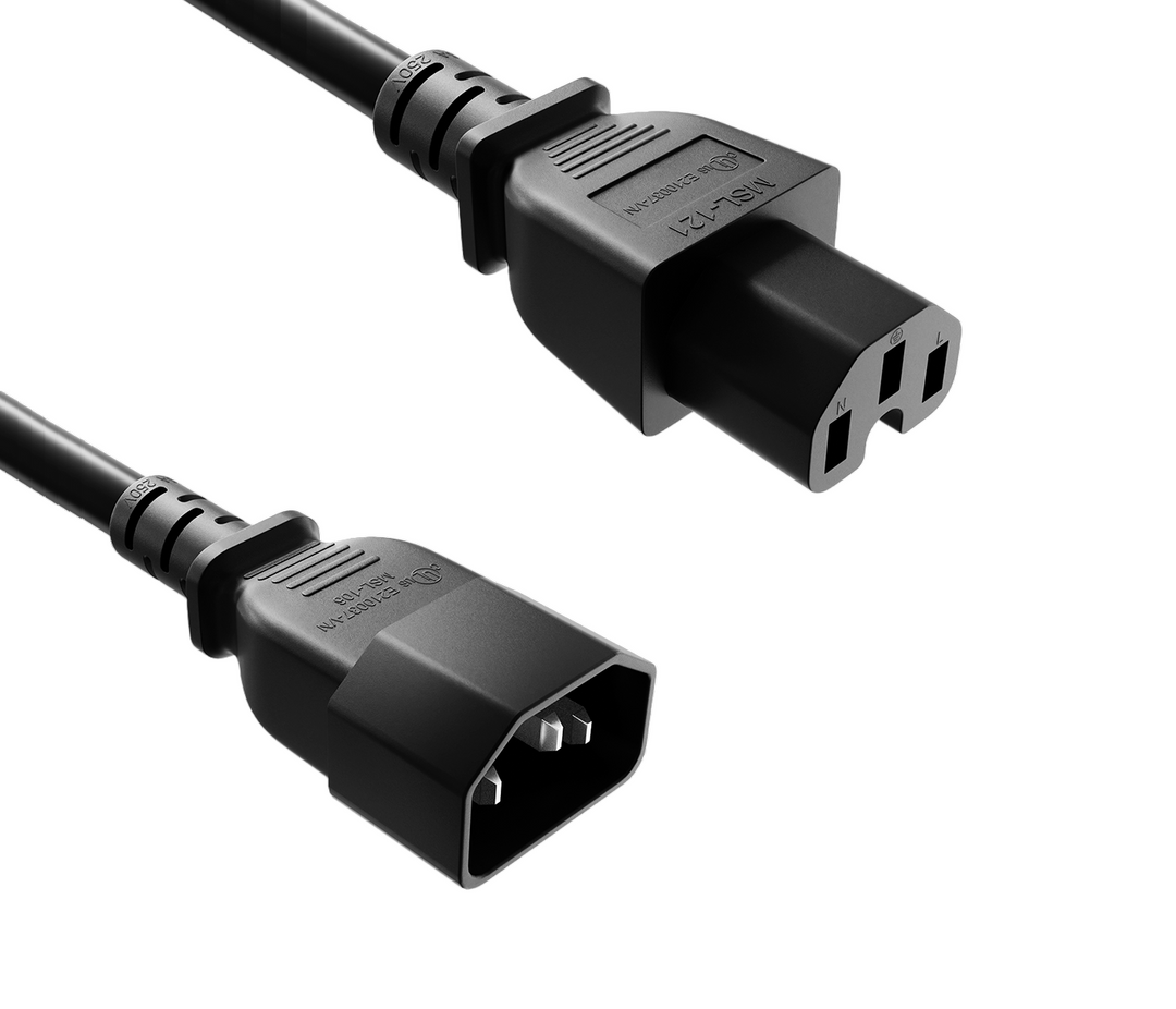 CompuCablePlusUSA IEC 60320 C14 to C15 High-Temp Extension Jumper Cord Black Color.