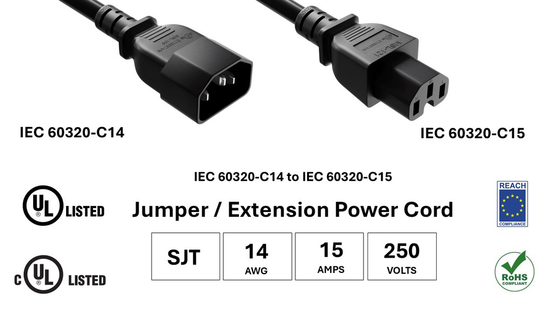 CompuCablePlusUSA IEC 60320 C14 to C15 High-Temp Extension Jumper Cord Black Color, SJT, 14AWG, 15A/250V, UL, cUL, REACH, RoHS.
