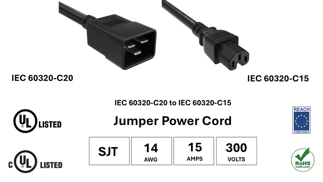 CompuCablePlusUSA IEC 60320 C20 to C15 Heavy Duty Jumper Cord Black Color, SJT, 14AWG, 15A/300V, UL, cUL, REACH, RoHS.