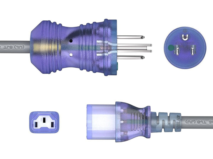 Purple electrical plug and socket on a white background