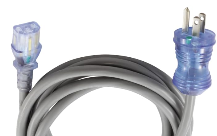 Gray electrical cable with blue connectors on a white background