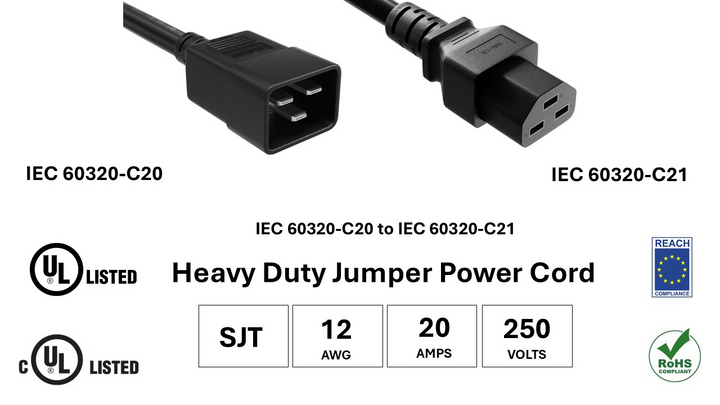 CompuCablePlusUSA IEC 60320 C20 to C21 Heavy Duty Data Center Jumper Cord Black Color, SJT, 12AWG, 20A/250V, UL, cUL, REACh, RoHS.
