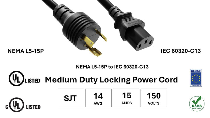 CompuCablePlusUSA NEMA L5-15P to C13 Twist-Lock Power Adapter Cord, SJT, 14AWG, 15A/150V, UL, cUL, REACH, RoHS