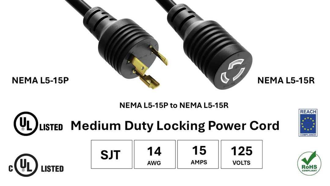 CompuCablePlusUSA NEMA L5-15P to L5-15R Twist-Lock Power Extension Cord, SJT, 14AWG, 15A/125V, UL, cUL, REACH, RoHS