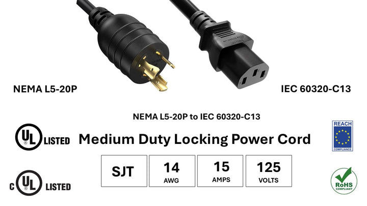 CompuCablePlusUSA NEMA L5-20P to C13 Twist-Lock Power Adapter Cord, SJT, 14AWG, 15A/125V, UL, cUL, REACH, RoHS