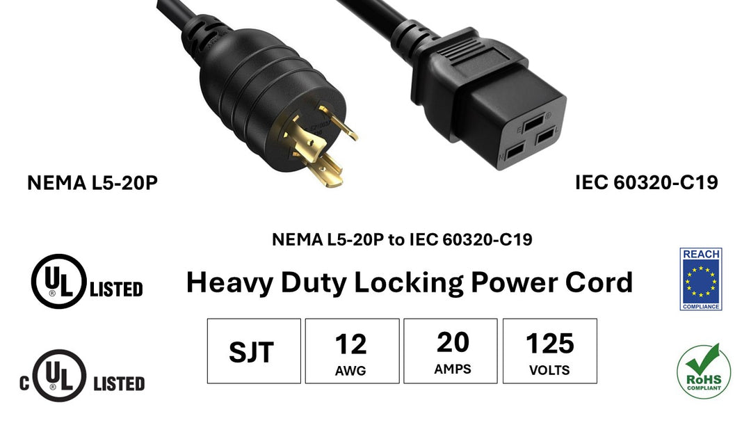 CompuCablePlusUSA NEMA L5-20P to C19 Twist-Lock Power Adapter Cord, SJT, 12AWG, 20A/125V, UL, cUL, REACH, RoHS