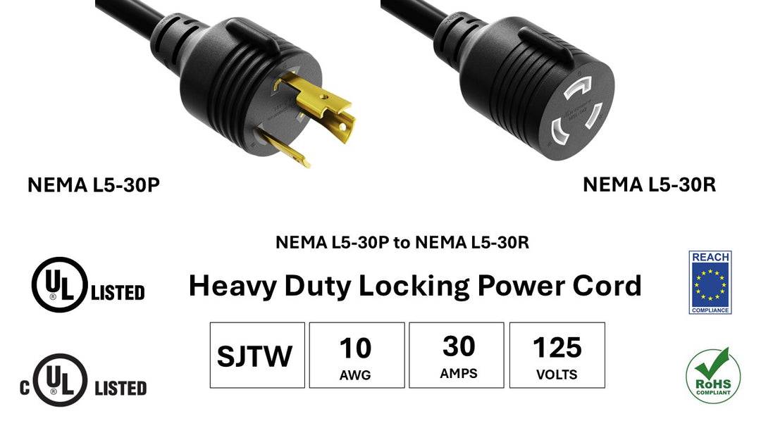 CompuCablePlusUSA NEMA L5-30P to L5-30R Twist-Lock Heavy-Duty Power Extension Cord, SJTW, 10AWG, 30A/125V, UL, cUL, REACH, RoHS