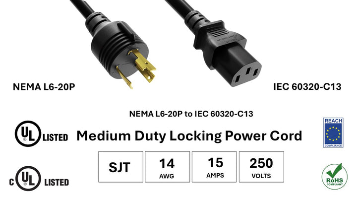 CompuCablePlusUSA NEMA L6-20P to C13 Twist-Lock Power Adapter Cord, SJT, 14AWG, 15A/250V, UL, cUL, REACH, RoHS