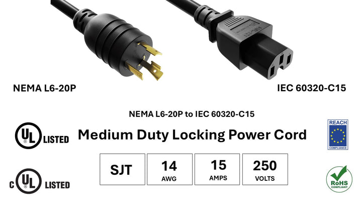 CompuCablePlusUSA NEMA L6-20P to C15 Twist-Lock Power Adapter Cord, SJT, 14AWG, 15A/250V, UL, cUL, REACh, RoHS