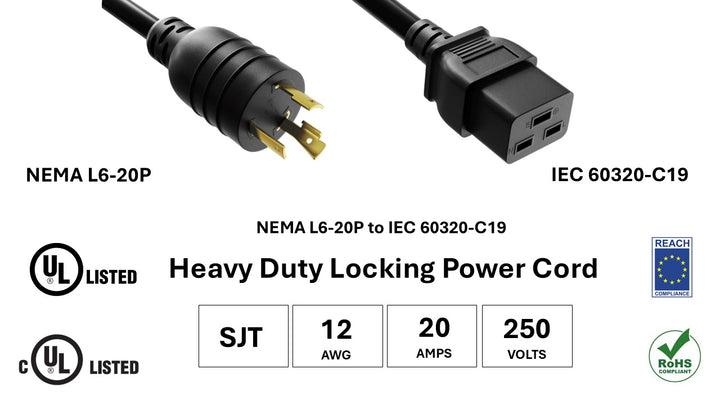 CompuCablePlusUSA NEMA L6-20P to C19 Twist-Lock Power Adapter Cord, SJT, 12AWG, 20A/250V, UL, cUL, TEACH, RoHS