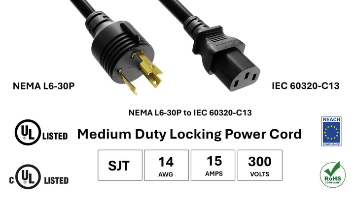 CompuCablePlusUSA NEMA L6-30P to C13 Twist-Lock Power Adapter Cord, SJT, 14AWG, 15A/300V, UL, cUL, REACH, RoHS.
