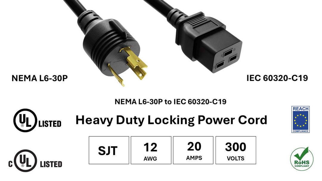 CompuCablePlusUSA NEMA L6-30P to C19 Twist-Lock Power Cord, SJT, 12AWG, 20A/300V, UL, cUL, REACH, RoHS
