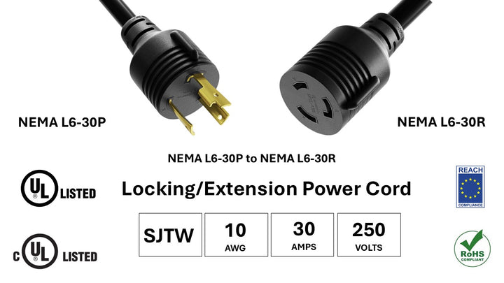 CompuCablePlusUSA NEMA L6-30P to L6-30R Twist-Lock Heavy-Duty Power Extension Cord, SJTW, 10AWG, 30A/250V, UL, cUL, REACH, RoHS