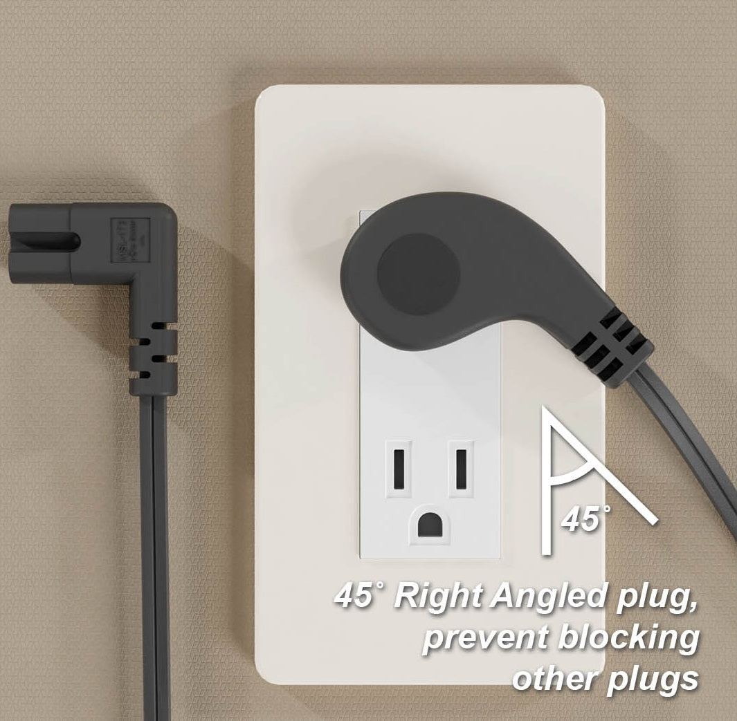 CompuCablePlusUSA Ultra Low Profile 45˚ Angled NEMA 1-15P to C7 Right Angle Non-Polarized Figure-8 Power Cord 
