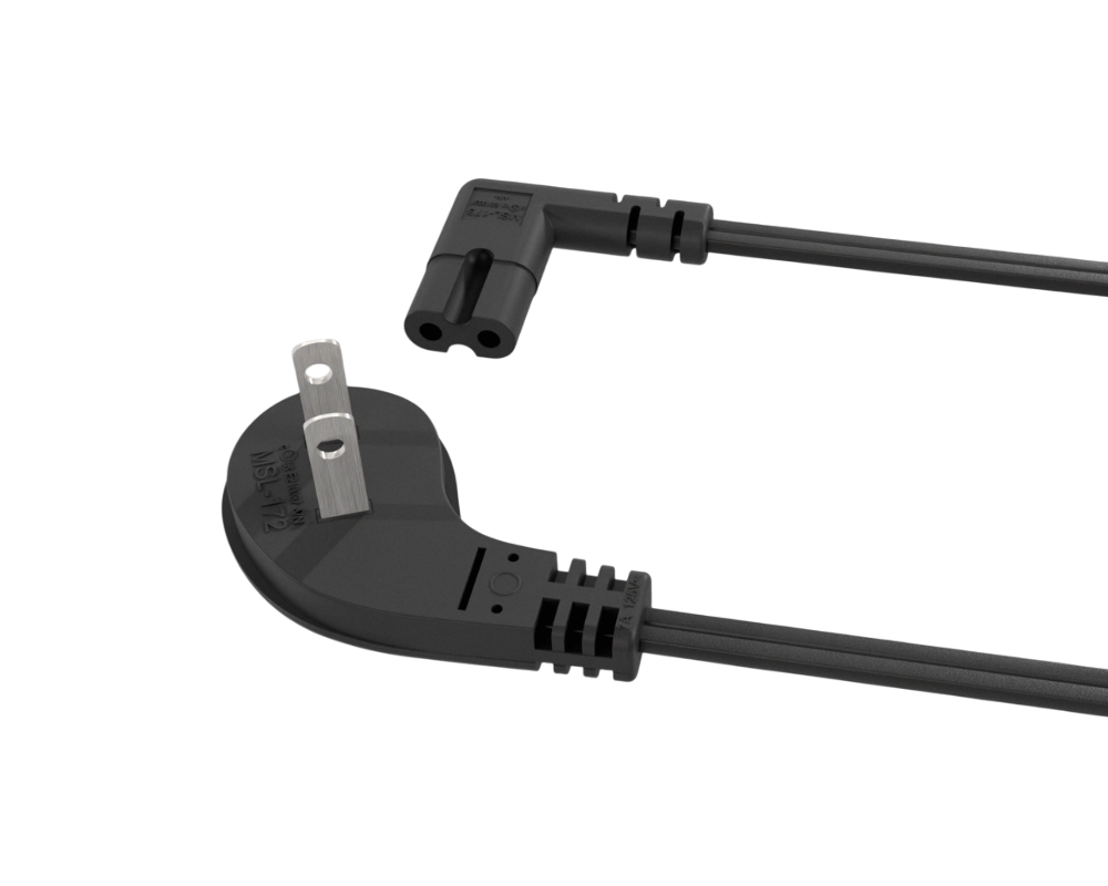 CompuCablePlusUSA Ultra Low Profile 45˚ Angled NEMA 1-15P to C7 Right Angle Non-Polarized Figure-8 Power Cord