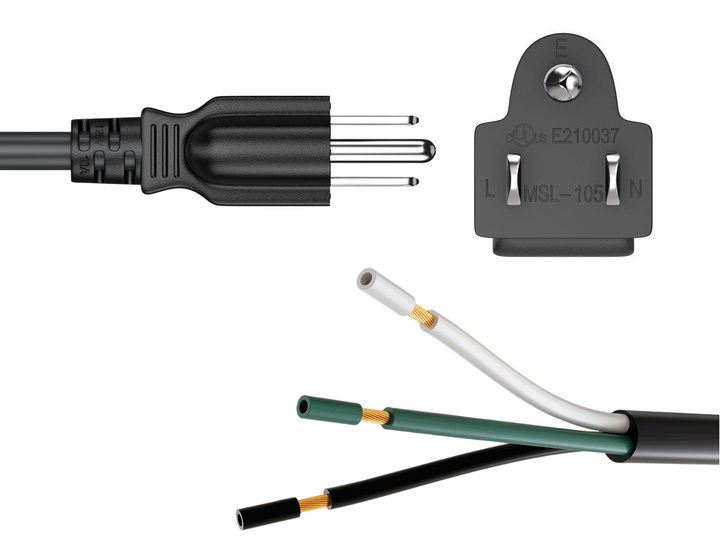 CompuCablePlusUSA NEMA 5-15P to Bare Wires/ROJ/Pigtail Power Cord Black Color.