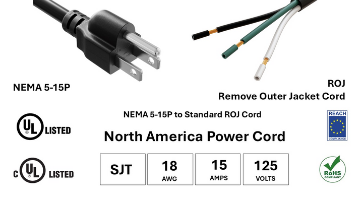 CompuCablePlusUSA NEMA 5-15P to Bare Wires/ROJ/Pigtail Power Cord Black Color, SJT, 18AWG, 15A/125V, UL, cUL, REACH, RoHS.