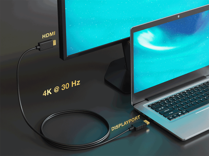CompuCablePlusUSA DisplayPort Male to HDMI Male 4K Cable, Premium 28AWG Cord Compliant with DP 1.2 & HDMI 1.4b Black.