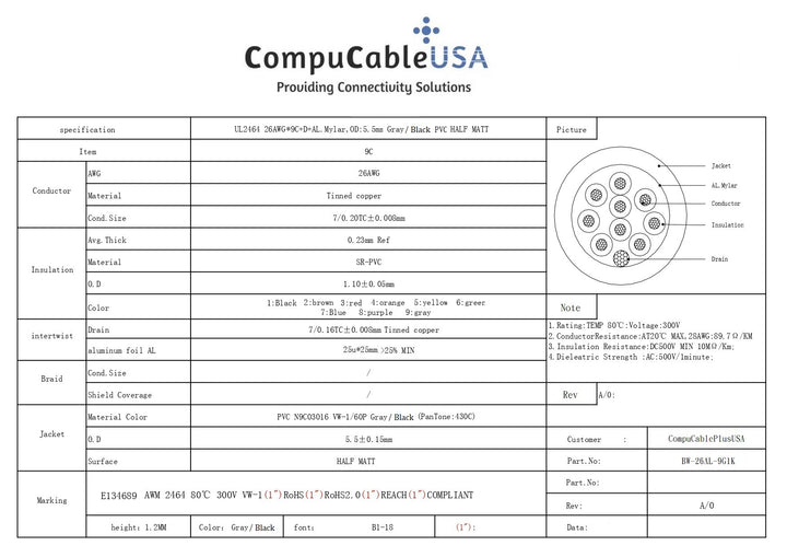 CompuCablePlusUSA.com Computer Cable, 9 Conductor W/Drain, ST-24 AWG Mylar Shield adn Stranded, UL2464, 1000 FT Gray / Black PVC Jacket, Spool, Bulk Cable.