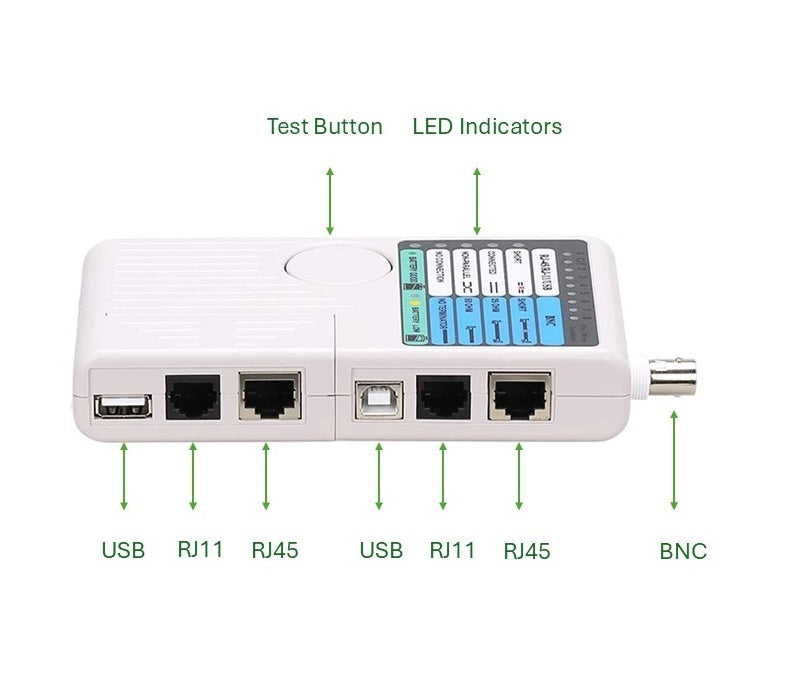 RJ11/RJ45/USB/BNC 4-in-1 Cable Tester ¡V Multifunction Network and Connectivity Tester