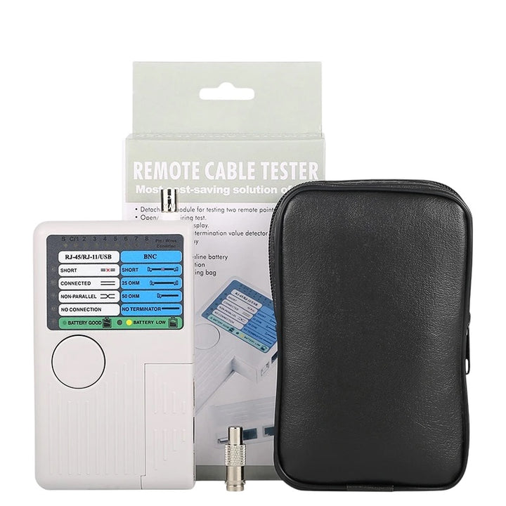 RJ11/RJ45/USB/BNC 4-in-1 Cable Tester ¡V Multifunction Network and Connectivity Tester, User Manual, and carrying bag.