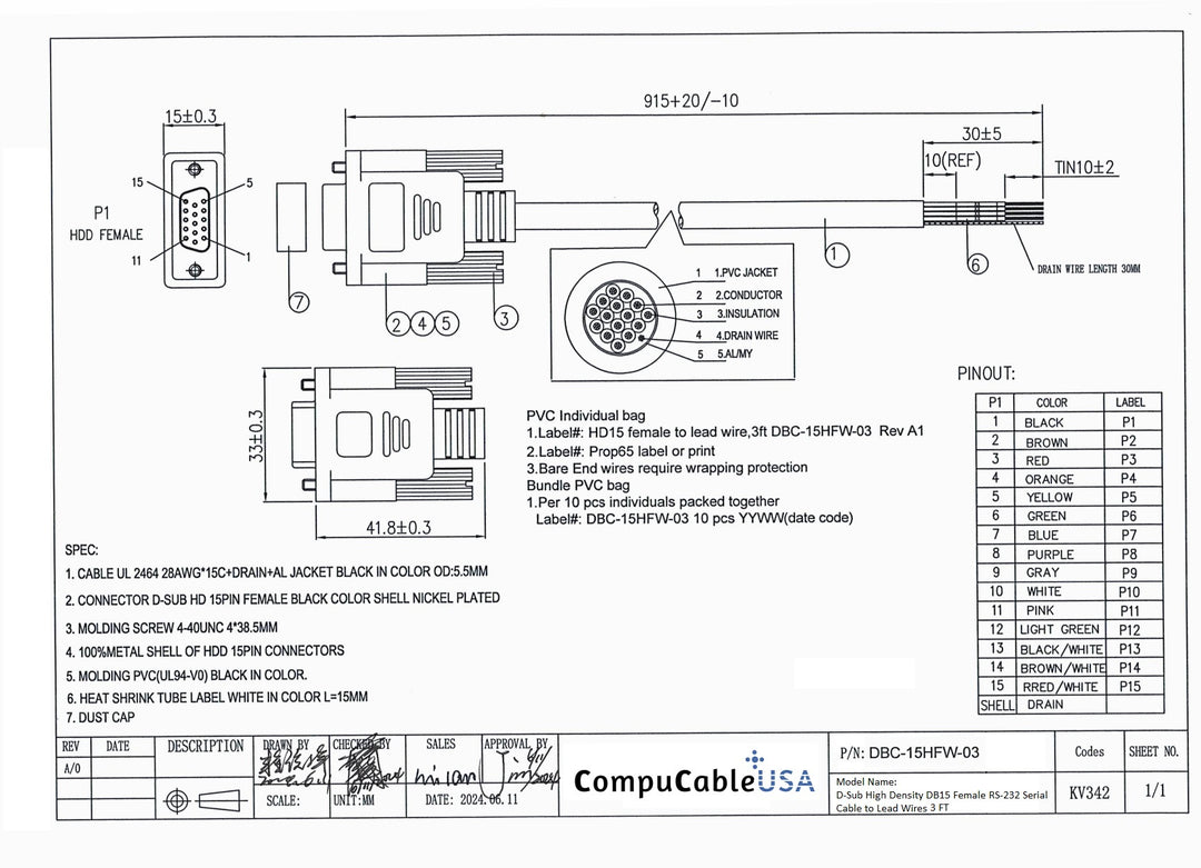 CompuCablePlusUSA.com High Density DB15 Female RS-232 Serial Cable to Lead Wire 3 FT Datasheet