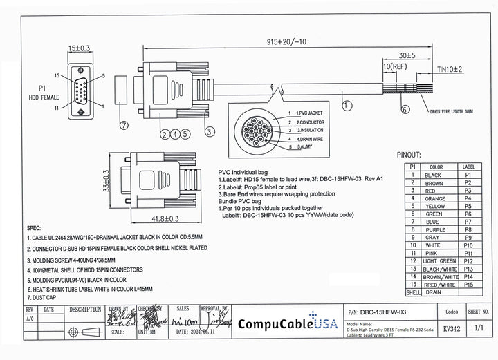 CompuCablePlusUSA.com High Density DB15 Female RS-232 Serial Cable to Lead Wire 3 FT Datasheet