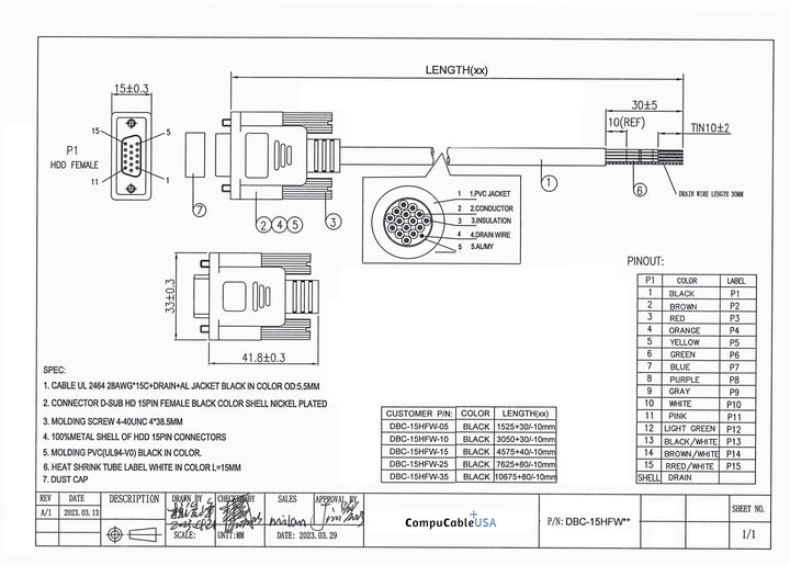 CompuCablePlusUSA.com High Density DB15 Female RS-232 Serial Cable to Lead Wire 5 FT to 35 FT Datasheet