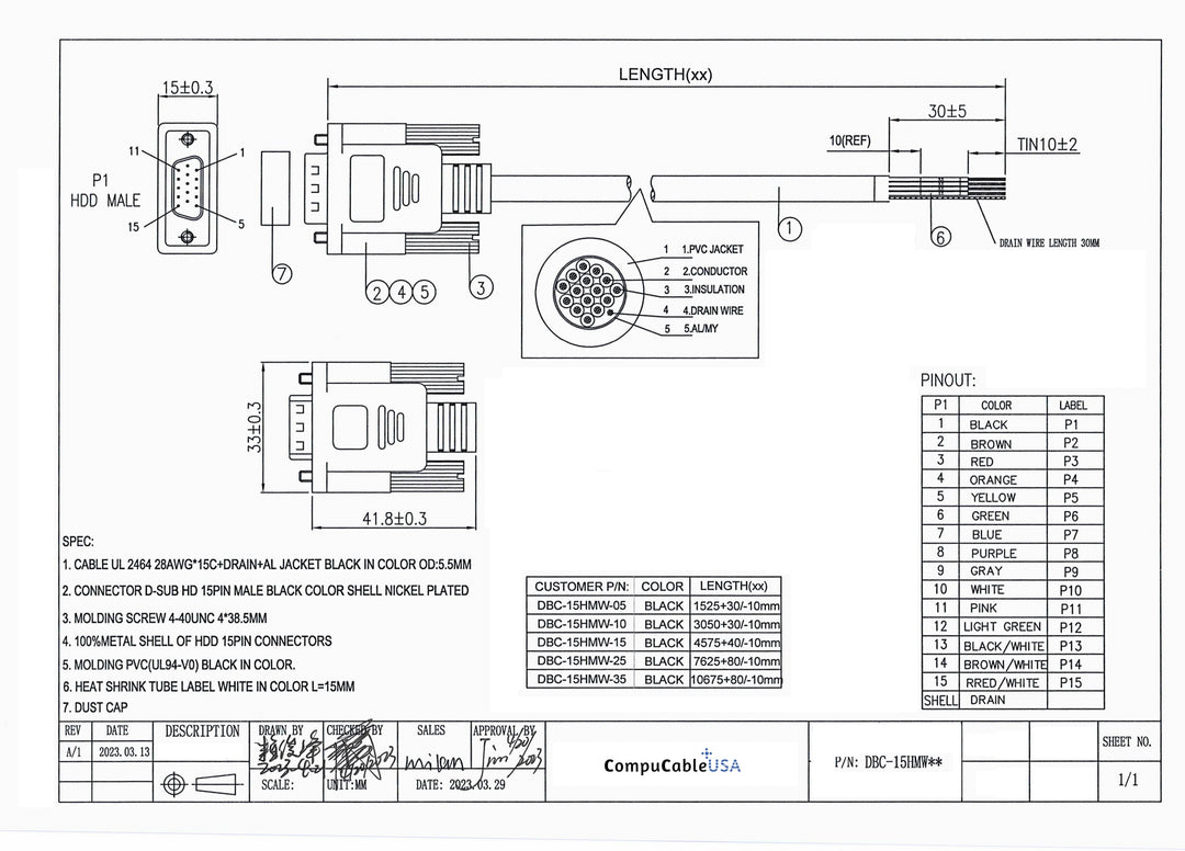 CompuCablePlusUSA.com High Density DB15 Male RS-232 Serial Cable to Lead Wire 5 FT to 35 FT Datasheet