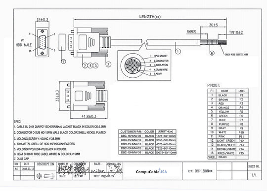 High Density 15 Pin RS232 Serial Cable_Male 3/5/10/15/25/35 Feet ...