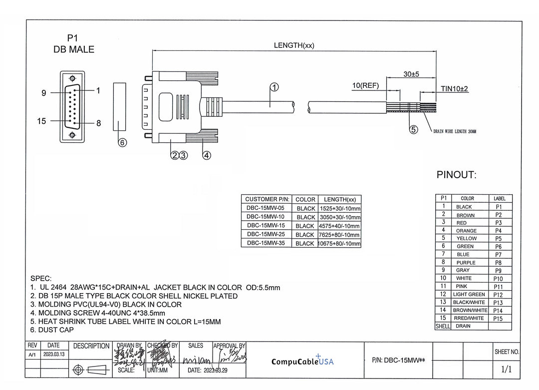 CompuCablePlusUSA.com DB15 Male RS-232 Serial Cable to Lead Wire 5 FT to 35 FT Datasheet