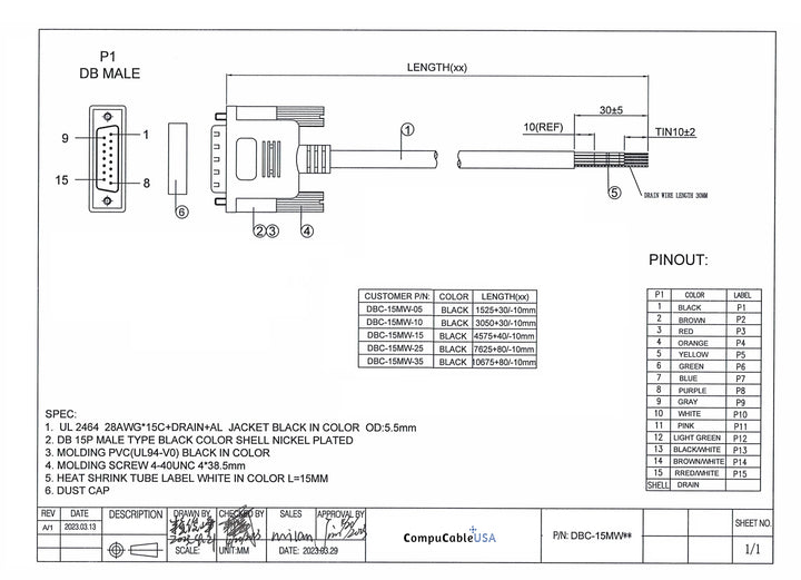 CompuCablePlusUSA.com DB15 Male RS-232 Serial Cable to Lead Wire 5 FT to 35 FT Datasheet